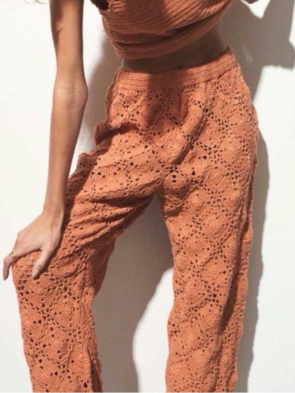 CUPSHE Crochet High-Waist Wide-Leg Pants - Rust Sz XL